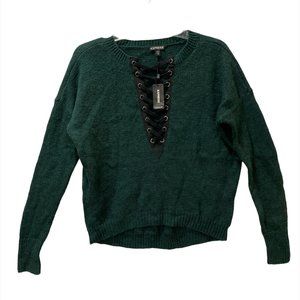 EXPRESS Sweater Lace Up Front Green Long Sleeve Woman's XS Cotton Wool Blend
